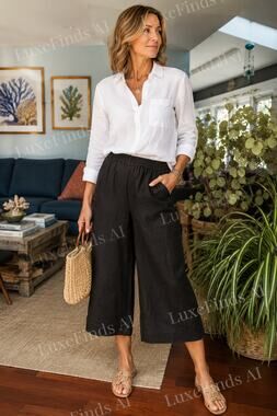Chico’s Linen Culotte Crop Pants Sz 1 US 8 Black Wide Leg Pull On Elastic Waist